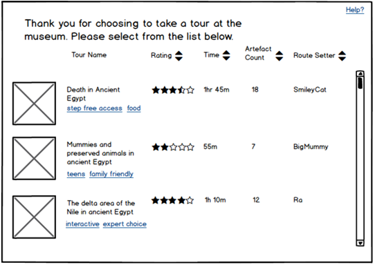 Wireframe of Tour Selection Page